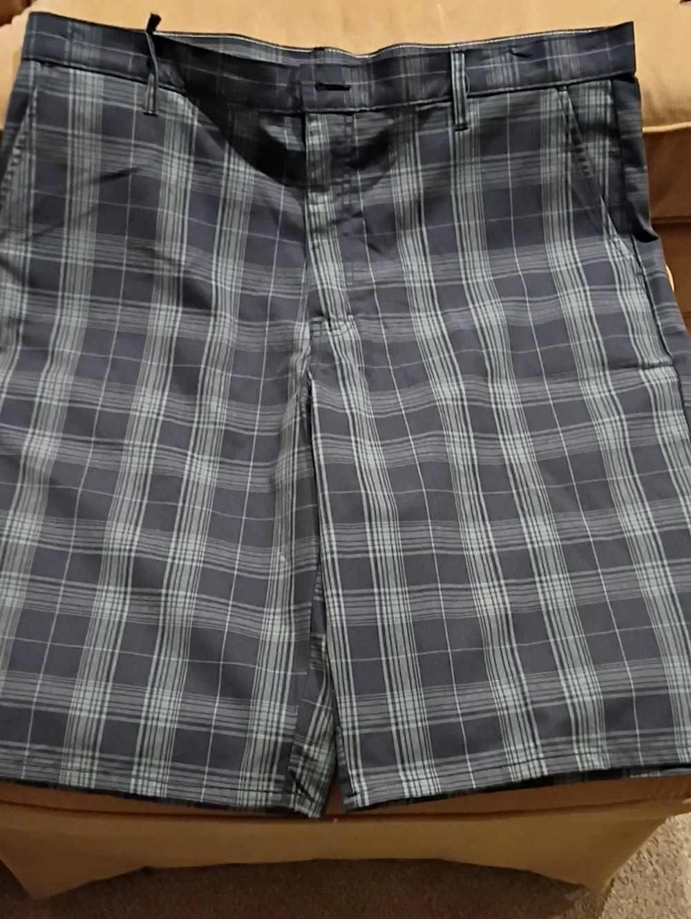Men's Navy Plaid Flat Front Shorts